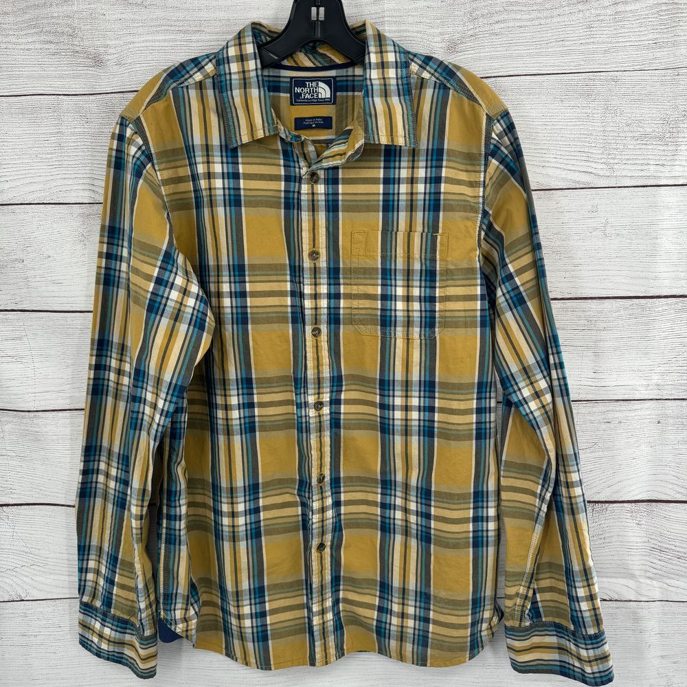 The North Face Plaid Button Down Casual Shirt Yellow Blue Cotton Long Sleeve M